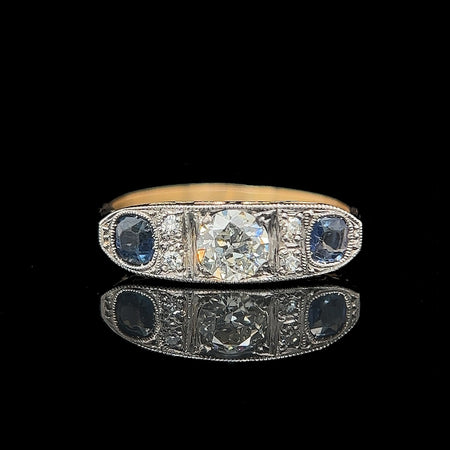 Art Deco, Antique, Vintage, Engagement Ring, Wedding Ring, 3-Stone, Diamond, Sapphire, Platinum, 18K Yellow Gold 