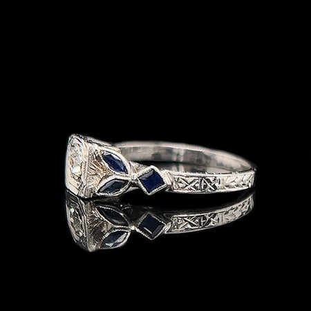 Art Deco .15ct. Diamond & Sapphire Antique Engagement - Fashion Ring 18K White Gold - J39004