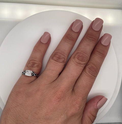 Art Deco .15ct. Diamond & Sapphire Antique Engagement - Fashion Ring 18K White Gold - J39004