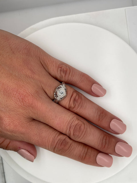 Late Edwardian, Antique, Vintage, Engagement Ring, Wedding Ring, Diamond, 18K White Gold, Goldfarb & Friedberg