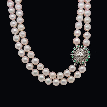 Vintage, Necklace, Akoya Pearl, Emerald, Diamond, 14K White Gold