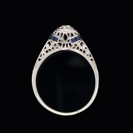 Art Deco, Antique, Vintage, Engagement Ring, Wedding Ring, Diamond, Sapphire, 18K White Gold