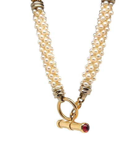 Vintage, Necklace, Toggle Clasp, Pearl, Garnet, 14K Yellow Gold