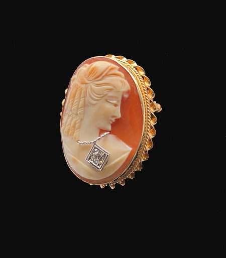Edwardian, Antique, Vintage, Brooch, Pin, Cameo, Shell, Diamond, 14K Yellow Gold