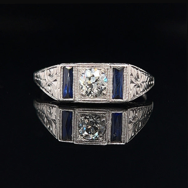 Art Deco, Antique, Vintage, Engagement Ring, Wedding Ring, Diamond, Sapphire, Platinum, 14K White Gold 