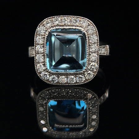 Estate, Ring, Fashion Ring, Aquamarine, Diamond, 18K White Gold  