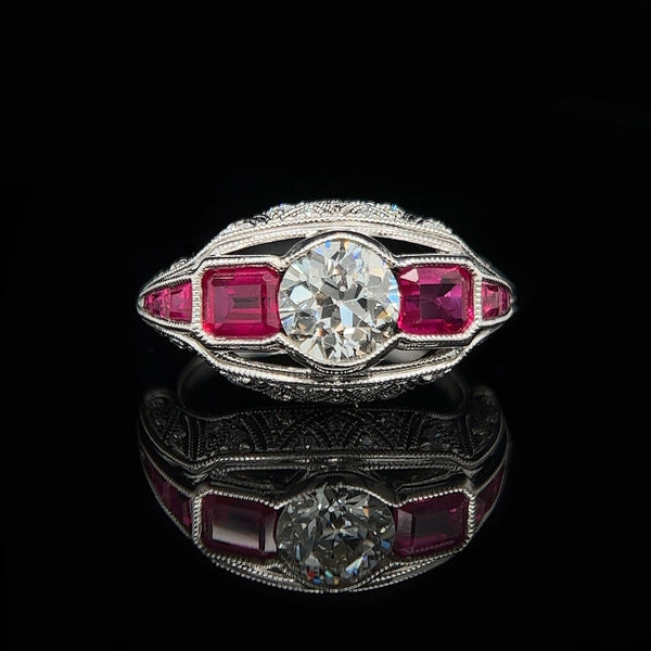 Art Deco Style, Vintage, Engagement Ring, Wedding Ring, Fashion Ring, Diamond, Ruby, Platinum, European Cut 