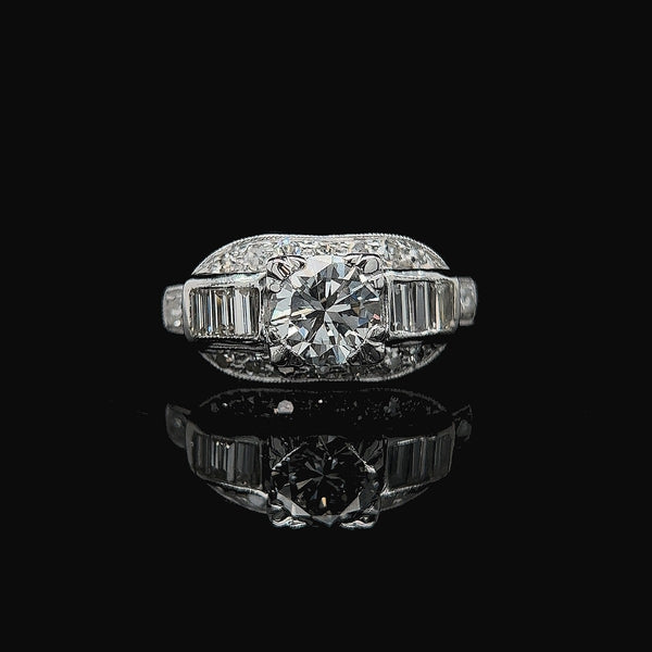 Vintage, Engagement Ring, Fashion Ring, Diamond, Round Brilliant Cut, Baguette Cut, 14K White Gold