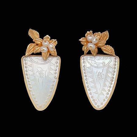 Estate, Earrings, Mother of Pearl, Seed Pearl, 14K Yellow Gold 
