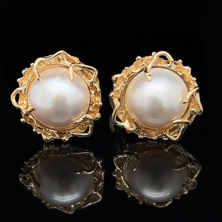 Vintage, Earrings, Clip-on, Mabé Pearl, 14K Yellow Gold