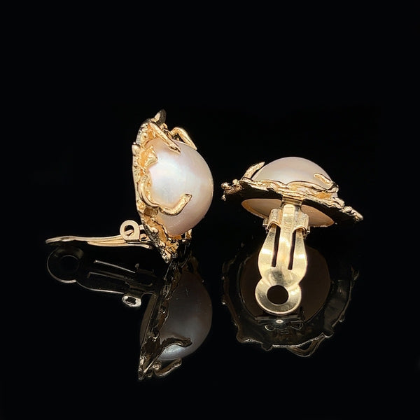 Vintage, Earrings, Clip-on, Mabé Pearl, 14K Yellow Gold