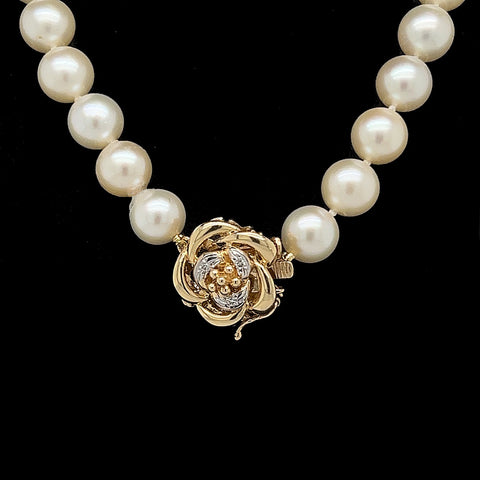 8mm Cultured Pearl & Diamond Estate Necklace Yellow Gold - J39909