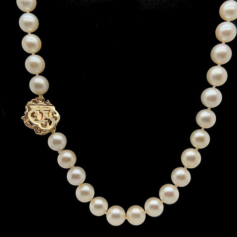 Estate, Necklace, Strand, 8mm Cultured Pearl, Diamond, 14K Yellow Gold